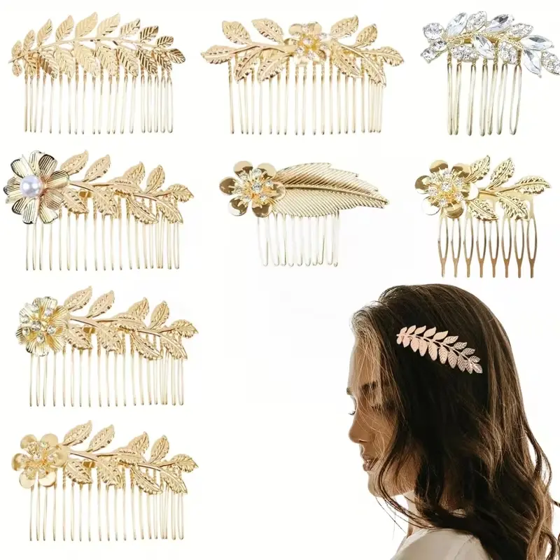 8Pcs Golden Leaf Metal Side Hair Combs Set, Elegant French Twist Slide Hair Clips, Vintage Bridal Updo Hair Accessories for Wedding Prom Bridesmaid Special Occasions