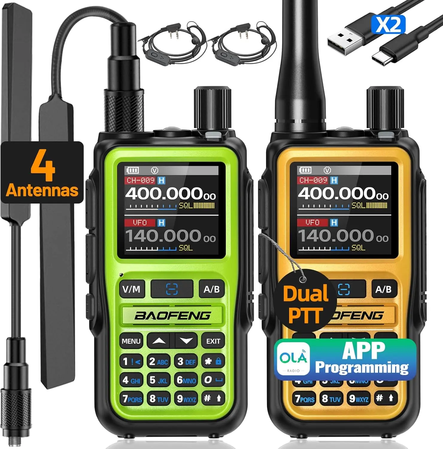 2PCS Compact Portable Baofeng UV-5R Mini Walkie Talkies, Rechargeable APP Programming Handheld Long Range Ham Radios with 4 Antennas, Dual PTT, USB-C Charging, Portable Walkie Talkie