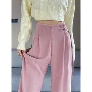 Meilade 2025 Autumn Winter New Chinese Style Buttoned Fleece Chenille Wide-Leg Pants for Women High Waist Draped Straight Casual Pants Bottoms Womenswear Basic Minimalist Red patch  pants