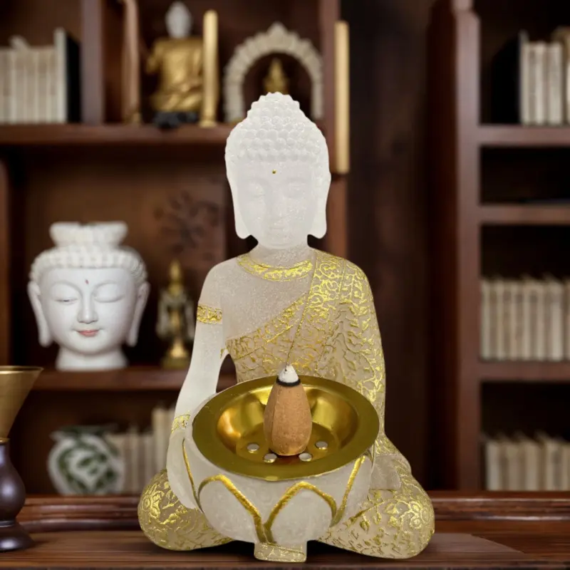 Matte resin Buddha incense holder, 5.67 inches - a perfect decorative artwork for tea rooms, offices, desks, and dining tables; an excellent gift for Christmas, Halloween, and festivals (incense not included). It can hold stick incense. Suitable as an ort