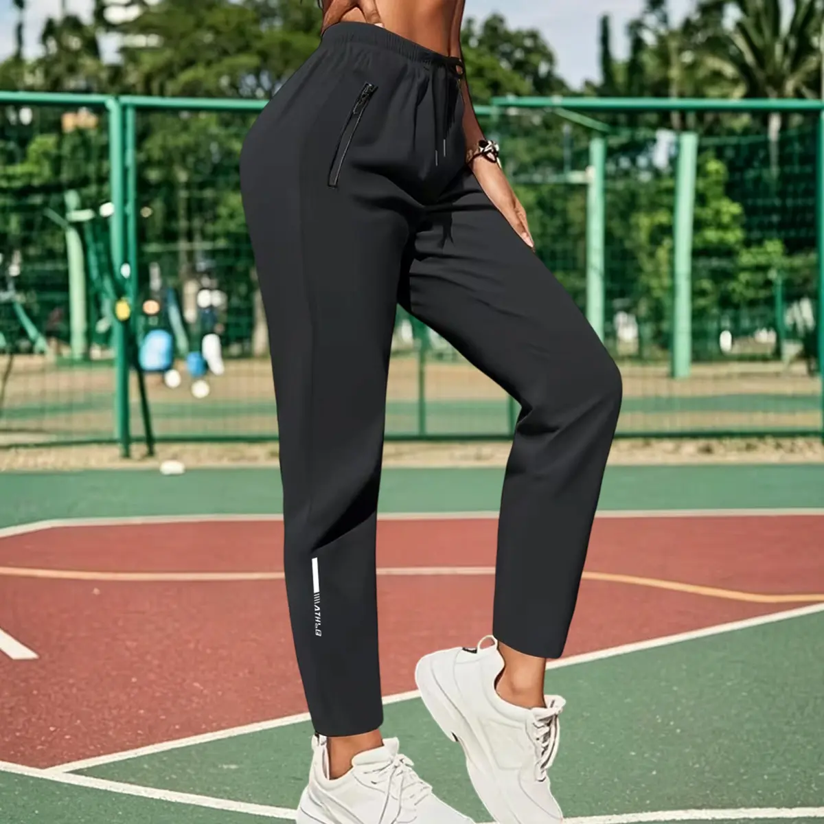 Women’s lightweight, breathable, stretchy long pants for spring, summer, and autumn, featuring an elastic waistband and adjustable drawstring, zippered pockets for storage, suitable for outdoor sports, everyday casual wear, and various occasions; women’s