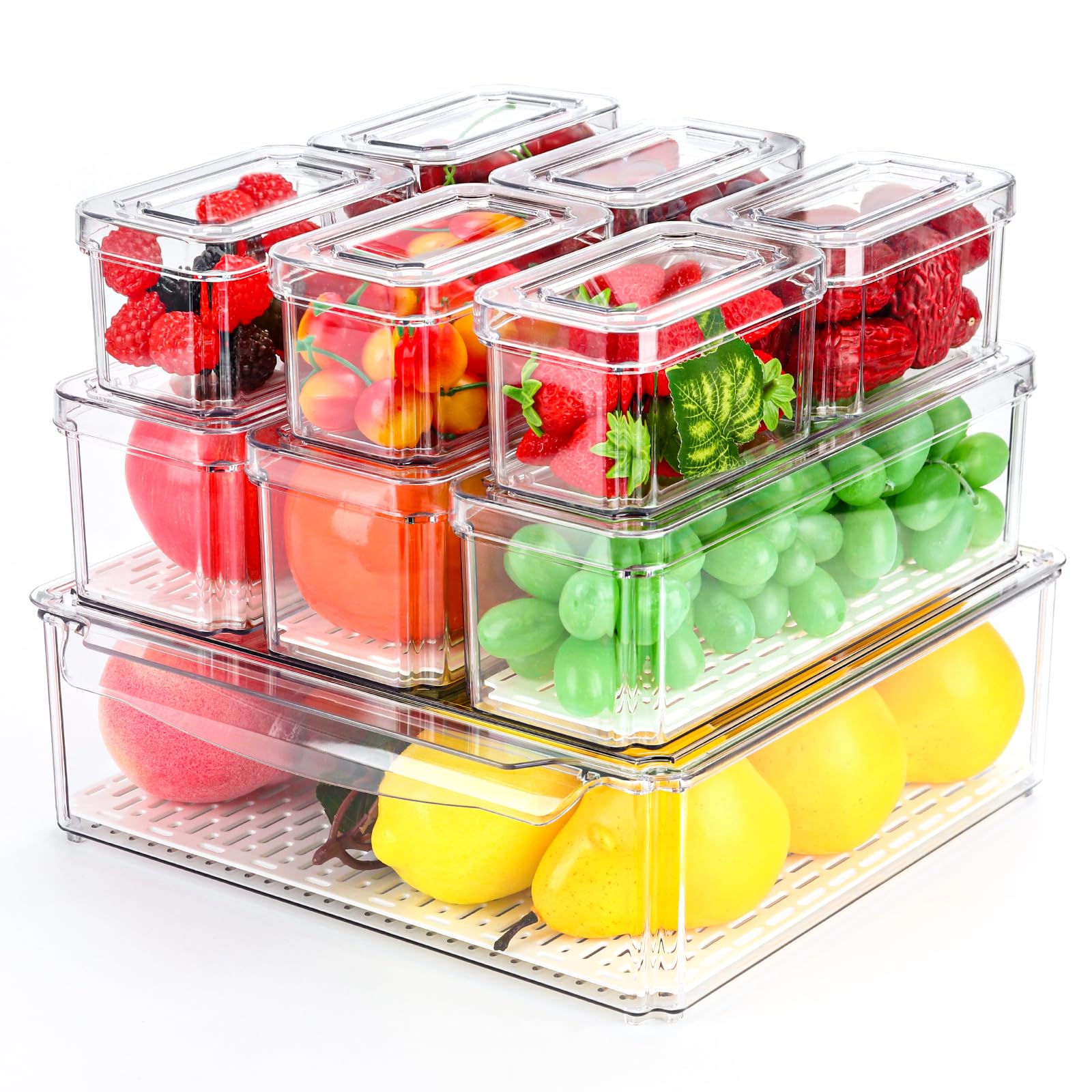 10 Pack Stackable Refrigerator Organizer Bins with Lids | Fridge Storage Containers for Kitchen | Organizadores Para Refrigerador for Food | Cabinets, Fruits, Vegetables, Cereals fridge Containers | Home Must Have！