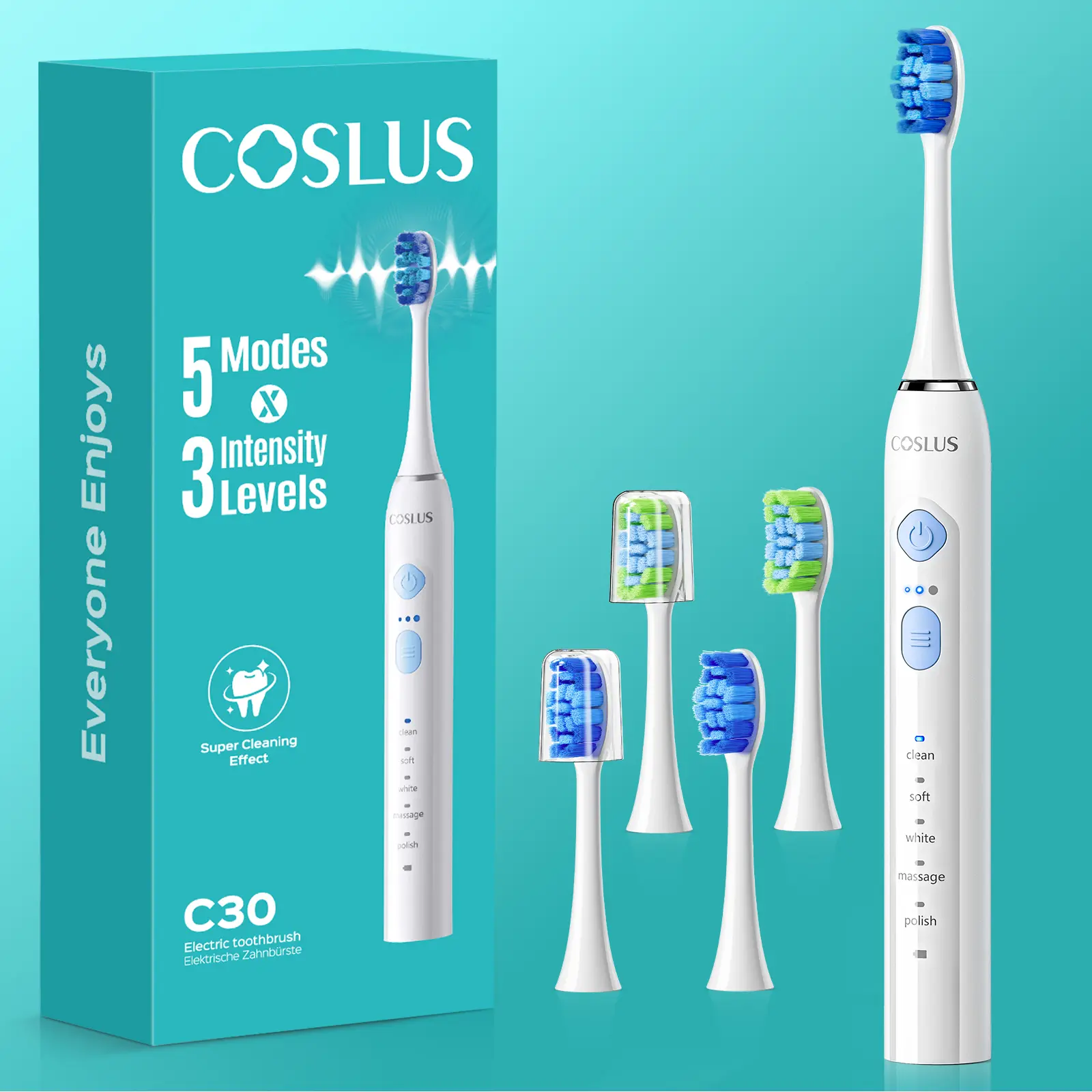COSLUS C30 Sonic Electric Toothbrush for Adults, 41000 VPM Rechargeable Toothbrush with 5 Cleaning Modes, 3 Intensity Settings, 4 Brush Heads, Sensitive Teeth Friendly, Braces Care, Waterproof Electric Toothbrush for Daily Oral Care backtoschool Save More