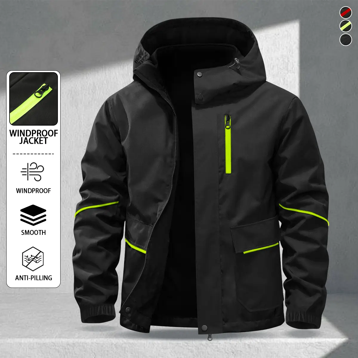 Men's casual fashion hooded multi-functional jacket, lightweight windproof fabric, with fluorescent green zipper, line design, suitable for daily commuting, outdoor travel, mountaineering and hiking, night travel, a must for spring and summer wear Coat Lo
