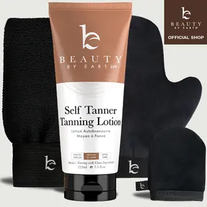 [BEAUTY BY EARTH] Self Tanner Body Lotion Kit - Flawless Sunless Tanning with 3 Piece Applicator Set for Streak-Free Bronzed Golden Hydrating Moisturizing Formula Made in USA Sensitive Skin Moisture Coconut