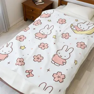 Pink Sleep Bunny Kawaii Blanket Ultra Soft Velveteen Plush Cozy Warm Baby Pink Floral Bedroom Couch Sofa Throw Decor Bedding Birthday Gift Christmas Gift for Kids Girls Teens Women Men Cute Home Style