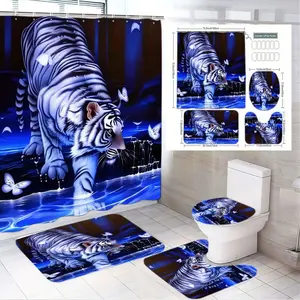 4pcs Majestic Tiger Bathroom Set, Blue & Aesthetic, Shower Curtain Sets, Shower Essentials, Includes Shower Curtain, Toilet Seat Cover, Bath Mats, The floor mat fabric is thicker and softer! Ideal for Home Decor Enthusiasts