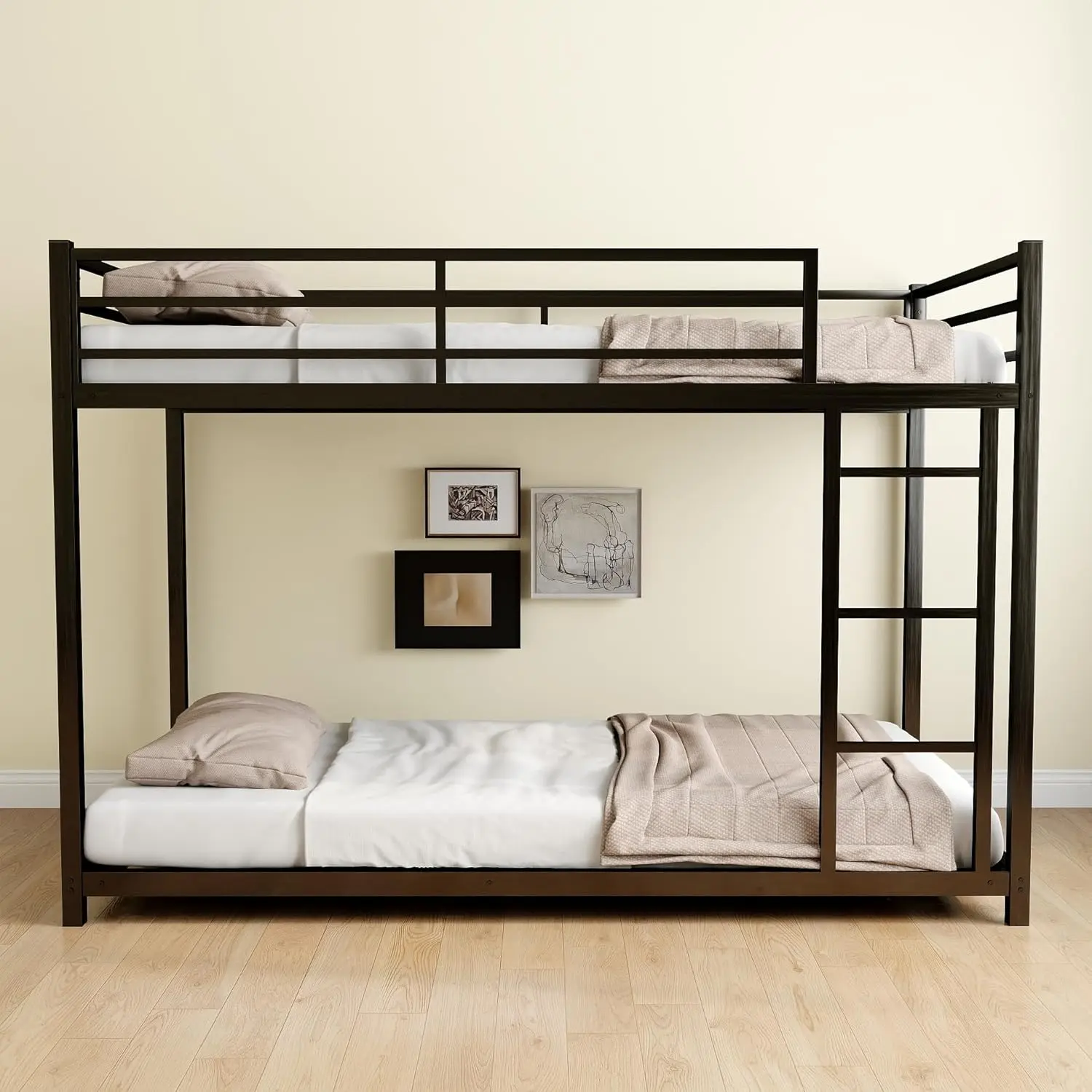 Twin Over Twin Bunk Bed Frame, Metal Floor Bunk Bed Frame with Ladder,Twin Size Low Bunk Beds, Space-Saving (Black)