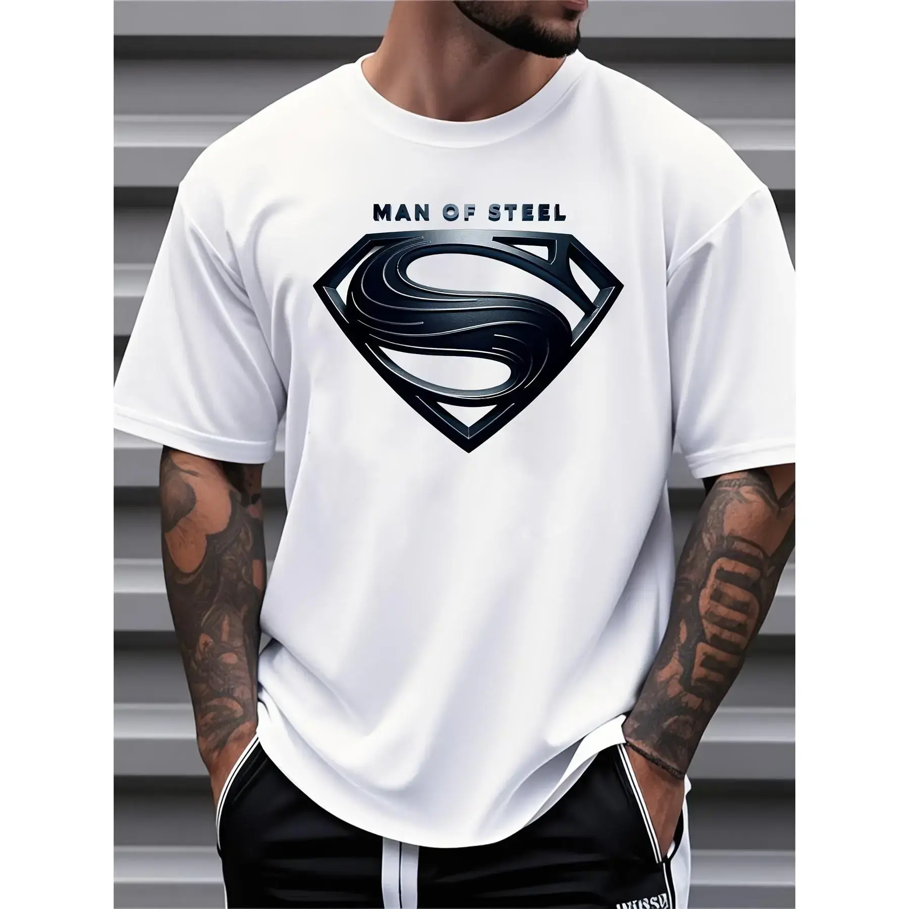 Justice League Men'S Plus Size Casual Crew Neck T-Shirt Man of Steel Graphic Print Short Sleeve Ideal for Spring/Summer Everyday Tshirt | Playful Text Design | Comfortable Fit SIZE S-5XL