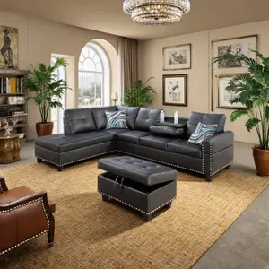 Leather & Linen L Shaped Couch Ottoman Modern Nail-Head Design Comfy Sectional Sofa with Cup Holder Chaise for Living Room Bedroom Office Skin-Like Luxury Fabric Solid Wood Skeleton