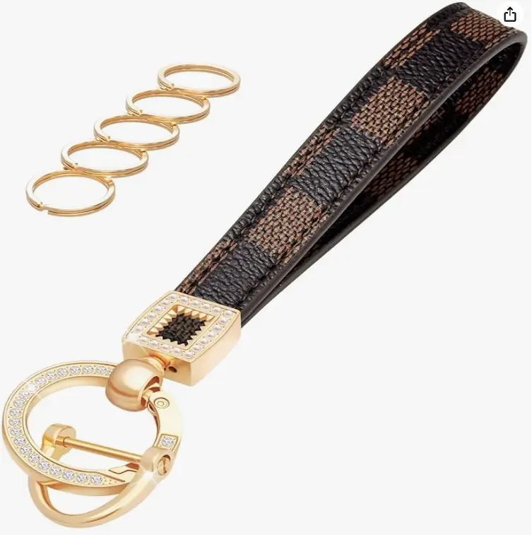 Wristlet Keychain for Car Keys, Stylish Brown Grid Leather Lanyard for Women with Anti-Lost D-Ring and 5 Key Rings, Key Chain For Car Keys Key Holders Keyrings For Keys