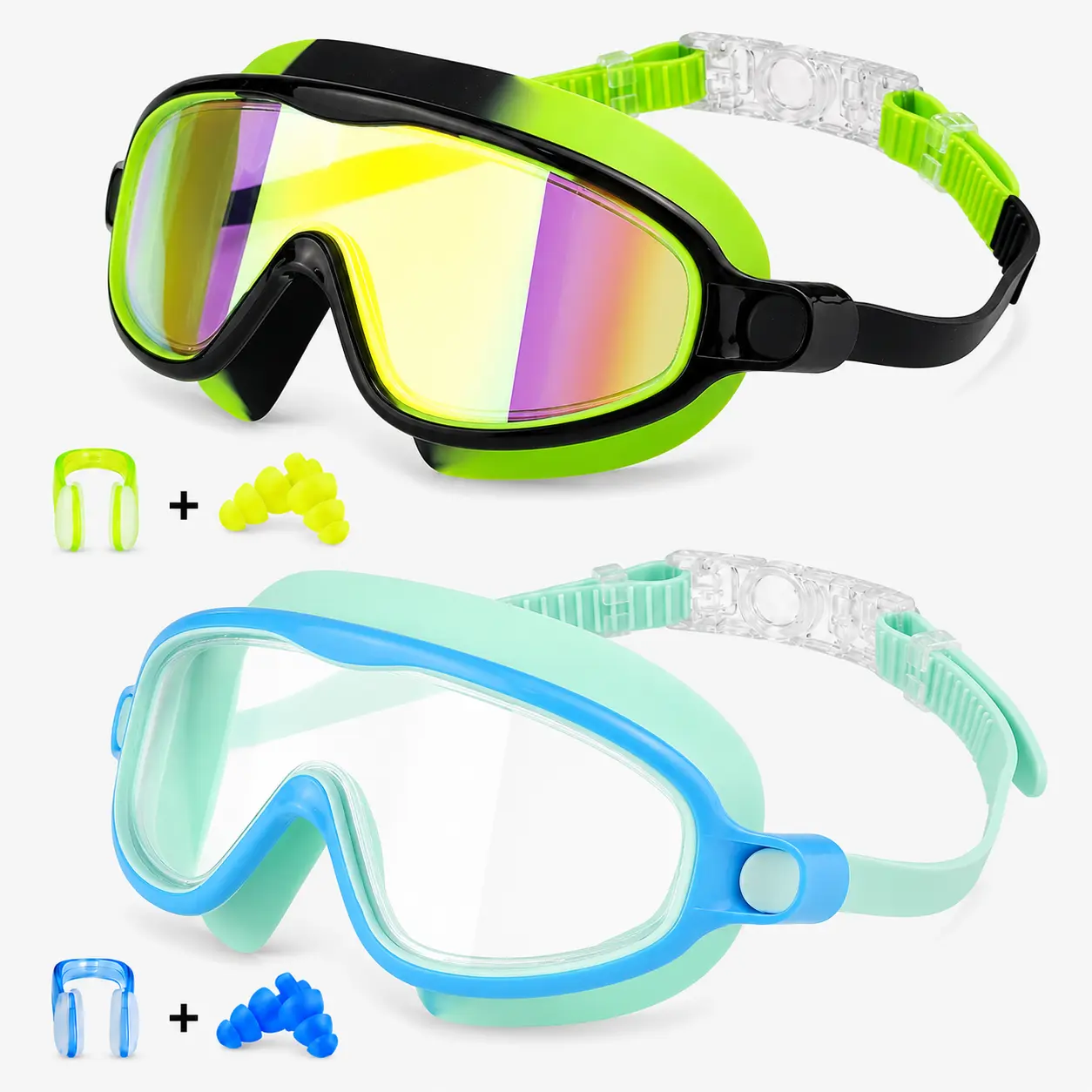 Kids 2-Pack Anti-Fog UV 400 Swim Goggles with Earplugs & Nose Clip, Wide View, Adjustable Straps, Fits Ages 3-15 Boys & Girls, Outdoor Sports Eyewear for Daily Use