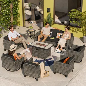 【Summer Vibes】Ovios Vultros 8-Piece Outdoor Patio Conversation Set with 42" Fire Pit Table & Swivel Rocking Chairs, All-Weather Wicker Rattan Furniture Set with Cushions for Backyard, Patio, Garden & Balcony