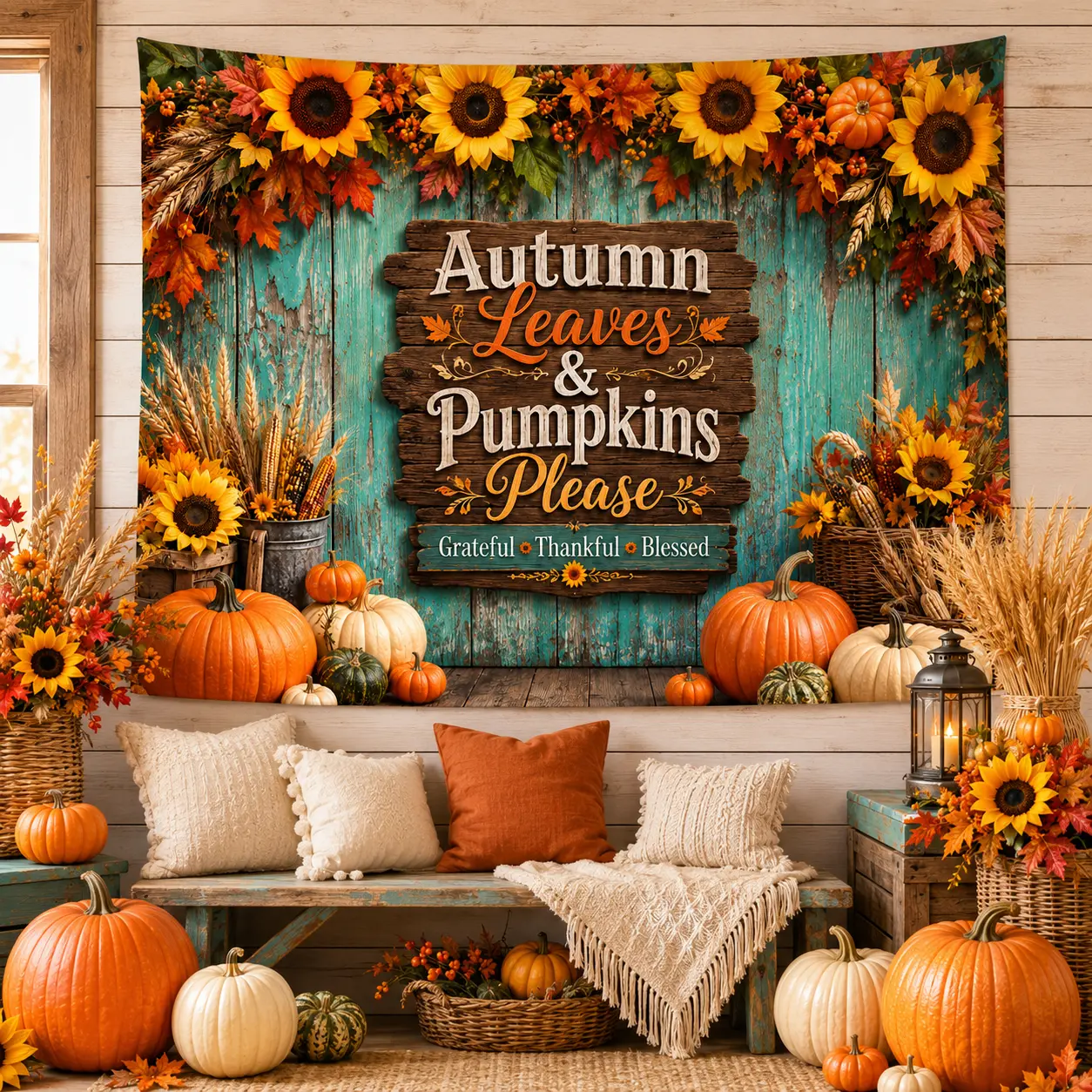 Autumn Sunflower Polyester Photo Backdrop - Indoor Hangable Wall Tapestry with Pumpkins, Detailed Floral Arrangements, Warm Farmhouse Aesthetic, Rich Autumn Tones for Thanksgiving Harvest Decor, Floral Arrangement Festive Backdrops & Banners
