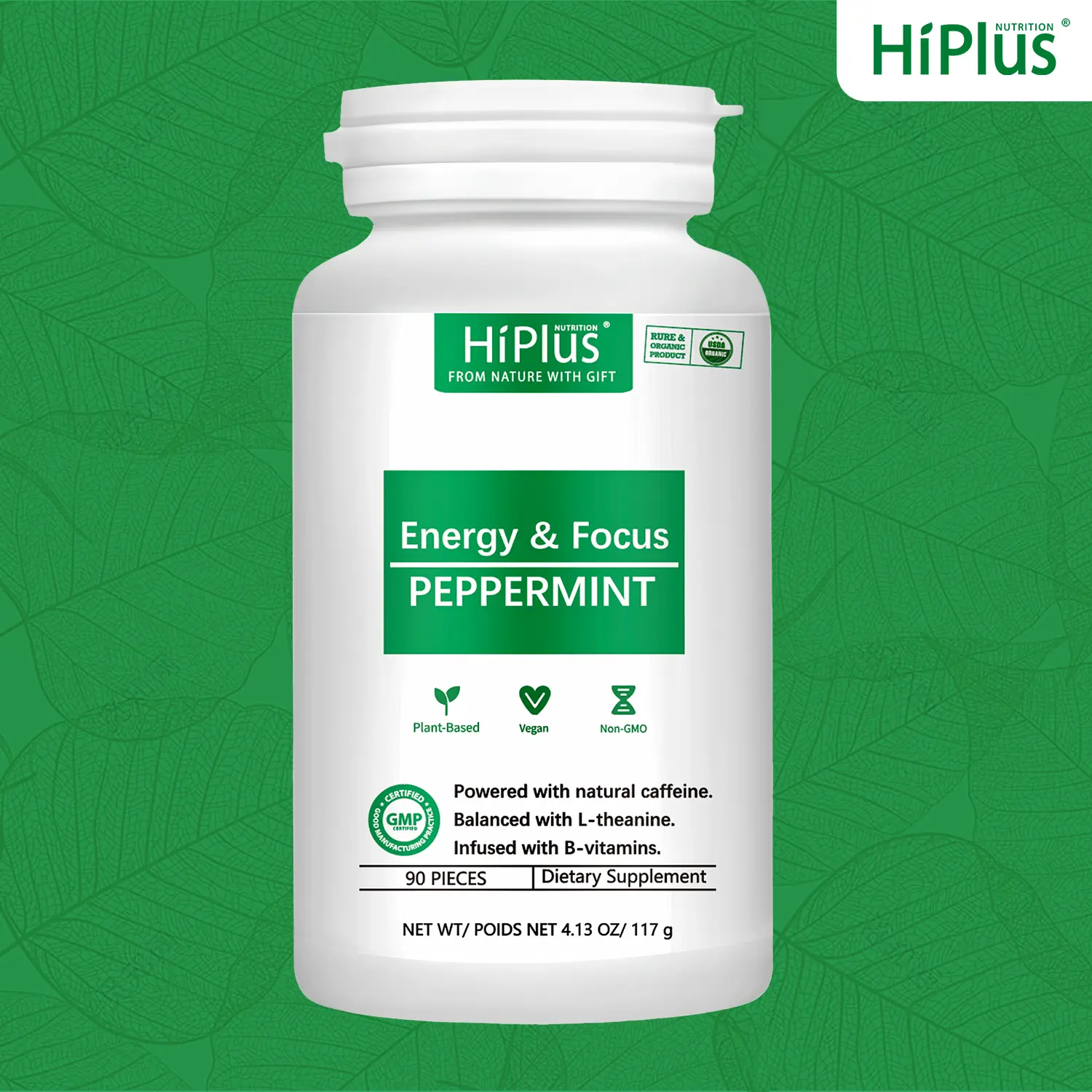 HiPlus Energy & Focus Peppermint Capsules - Smooth Energy, Zero Sugar, All Brain Support, 90 Pieces, Plant-Based, Vegan, Infused with B-Vitamins menopause symptom women  daily  supply  pack