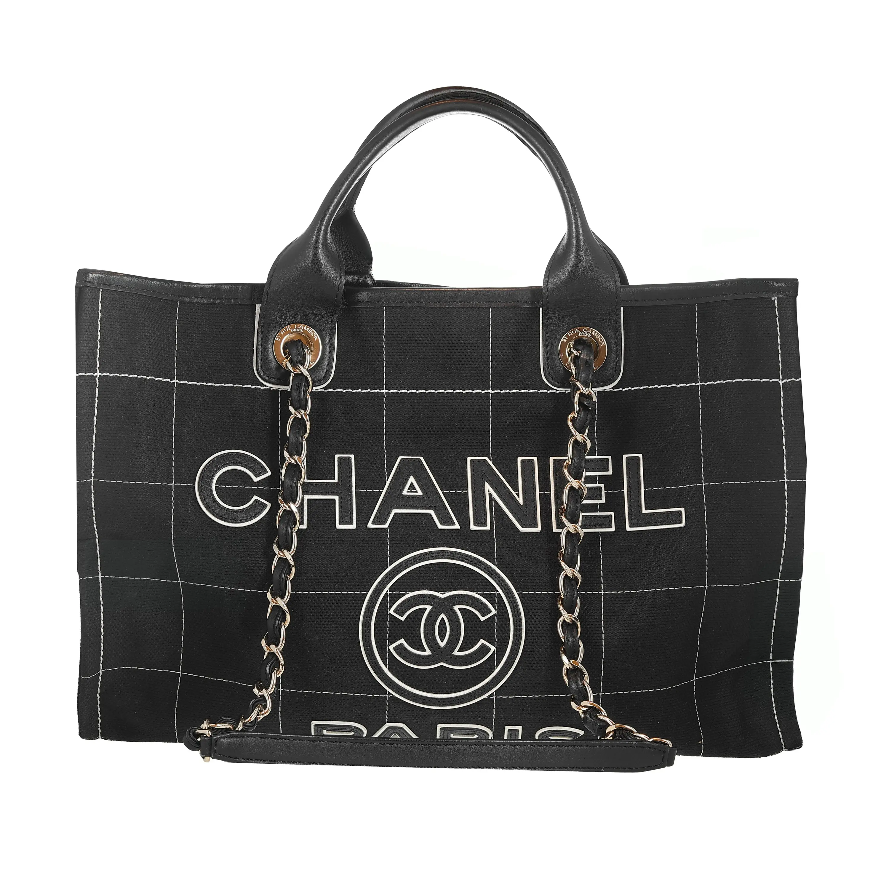 Pre-owned CHANEL Canvas Tote Bags Square Stitched Deauville Tote Medium Black