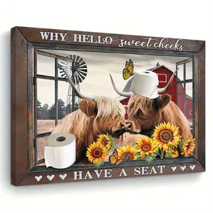 2D Flat Charm Highland Cow and Sunflower Canvas Painting Vintage Prints Western Wall Art - Wooden Frame Wall Decor, Suitable for Living Room, Bedroom, Kitchen| Perfect Home Office Decoration| Unique Gift Ideas| Size: 30*40cm, 1 piece