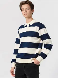 Classic Fashion Striped Collar Long Sleeve Sweatshirt, Loose Fit Polo Shirt for Men & Women, Autumn Casual Couple Wear