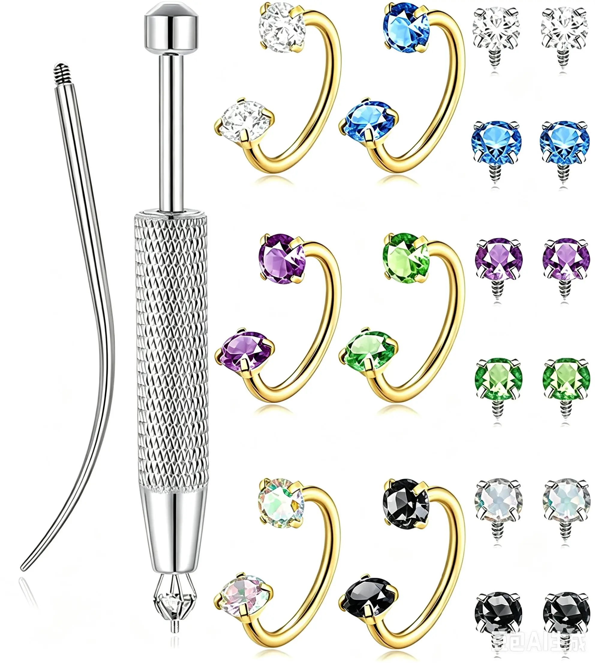 Horseshoe Nose Rings 316L Surgical Steel Half Hoop Earrings for Women Internally Threaded Cartilage Helix Tragus Earrings Double CZ Eyebrow Lip Piercing 18G 1.0MM Silver Gold Plated,Piercing tool