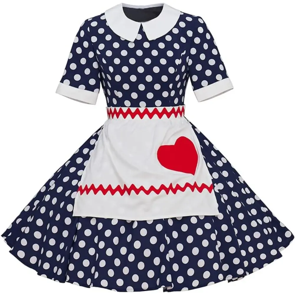 Women's 1950s Vintage Polka Dot Fit-and-Flare Costume Dress with Matching Apron - Golden, Lightweight Fabric, Low Iron, 2XL, 3XL, XXXL, Elegant Hip Style, Themed Party Outfits, Hand Washable, Multicolor