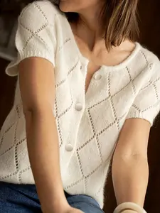 Women's Solid Color Short Sleeve Knitted Cardigan Button, Casual Fashion Everyday Diamond Pointelle Knit Top for Summer, Fashion Women's Knitwear for Daily Wear, Womenswear