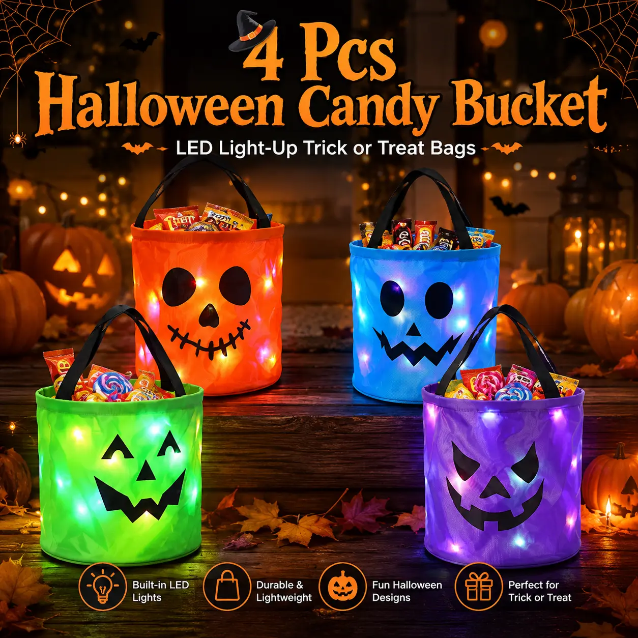 4 Pack Halloween LED Light Candy Buckets, Pumpkin Trick or Treat Bags, Reusable Non Woven Gift Bags for Kids, Halloween Party Favors, Outdoor Night Decorations