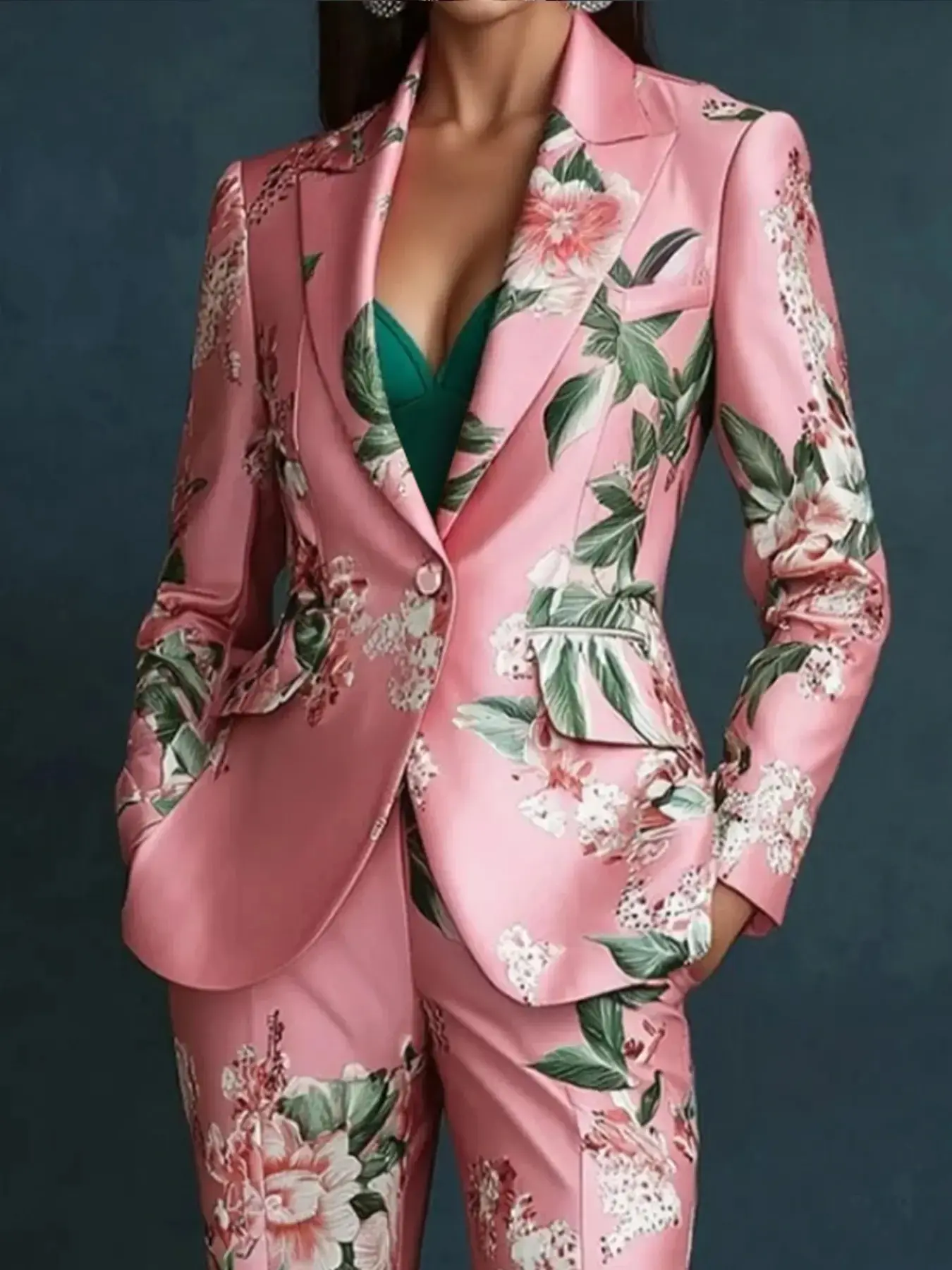 Women's Floral Print Long Sleeve Button Blazer Pants Set Suit Elegant Spring Fall Trendy 2026