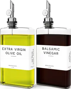 Brighter Barns Glass Olive Oil Dispenser Bottle Set for Kitchen - Stainless Steel Coffee Syrup Dispenser - Modern Decor for Restaurants & Coffee Stations - Refillable & Leak-Proof - Clear/Silver, Set of 2