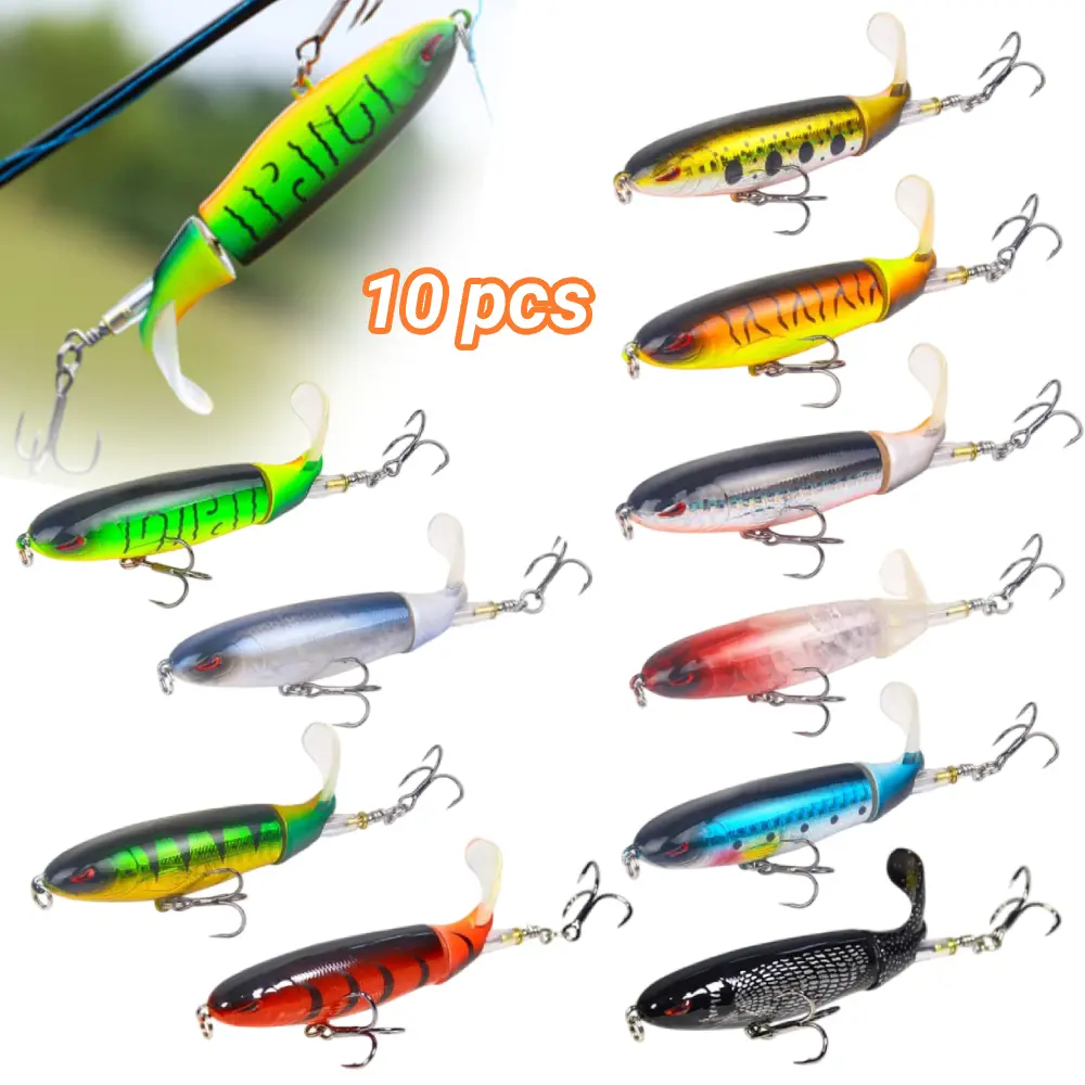 10Pcs Whopper Fishing Lure for Bass Popper Top Water Fishing Lures with Floating Rotating Tail Barb Treble Hooks in Saltwater Freshwater Plopping Lures Kit
