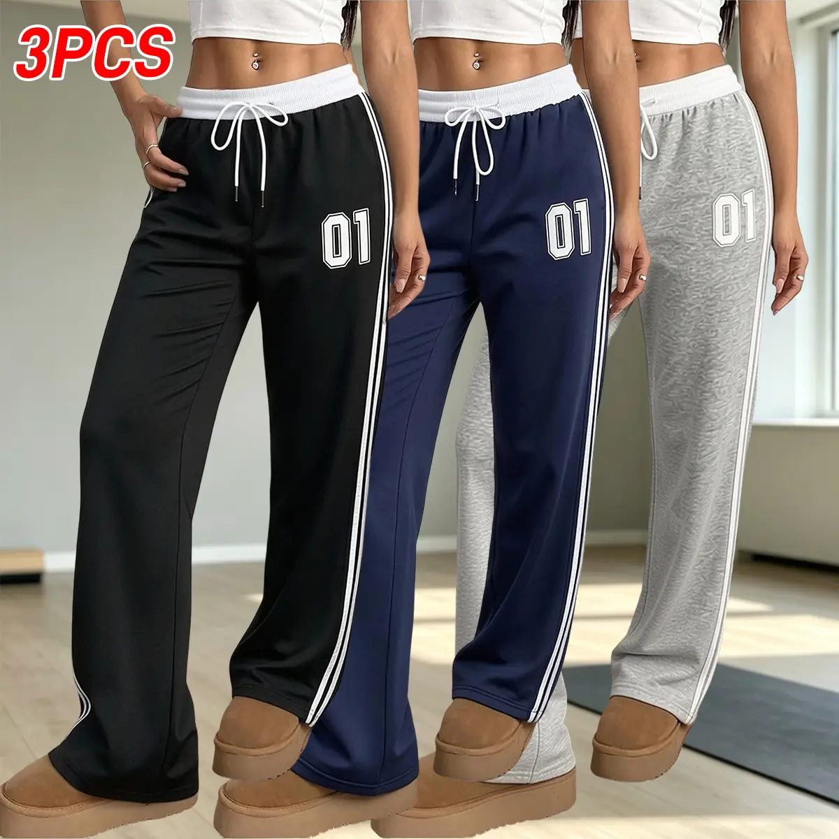 Women’s casual athletic long pants, 3-pack, white drawstring sweatpants with side stripes, comfortable and breathable, suitable for sports, fitness, running, yoga, and more. Women’s bottoms – summervibes, summerwins, back to school.