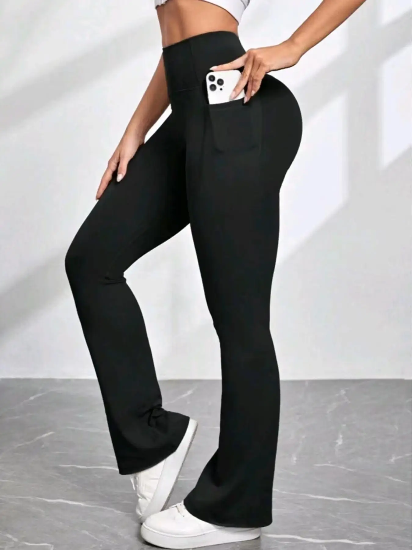 Women's Plain High Waist Flare Leg Pants, Casual Pocket Design Sports Tummy Control Leggings for Yoga Gym Workout, Ladies Sportswear for Summer