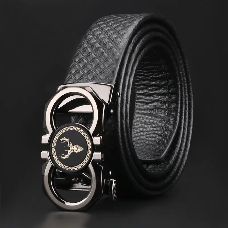 Men's Ratchet Leather Belt with Automatic Buckle, Adjustable 34"-36" Waist (125cm), Black, Elegant Gift Box Included, Style 03