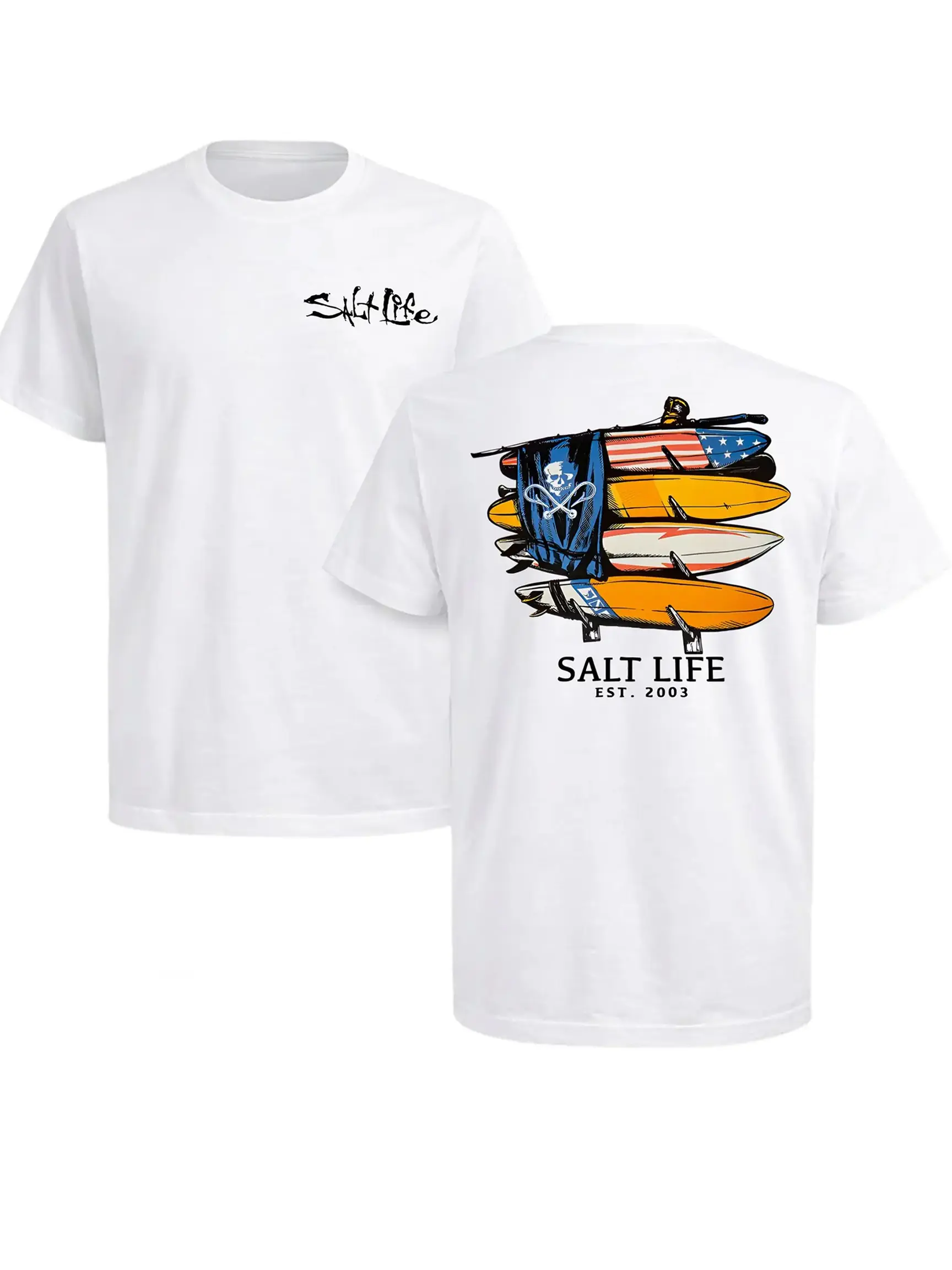 Salt Life Pure Cotton Short Sleeve Tops - 2-Sided Print, Flag & Skull & American Flag Surfboards Design, Beach Adventure Style, Ideal Gift for Anglers, Multi-Size Sports Tee, Two-Sided Print, All Seasons