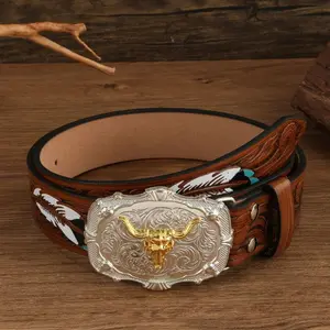 Trendy Western Cowboy Vintage Engraved Buckle Belt, Unisex Cool Bull Head Pattern Leather Belt | Retro Floral Embossed Waistband Accessory Gift