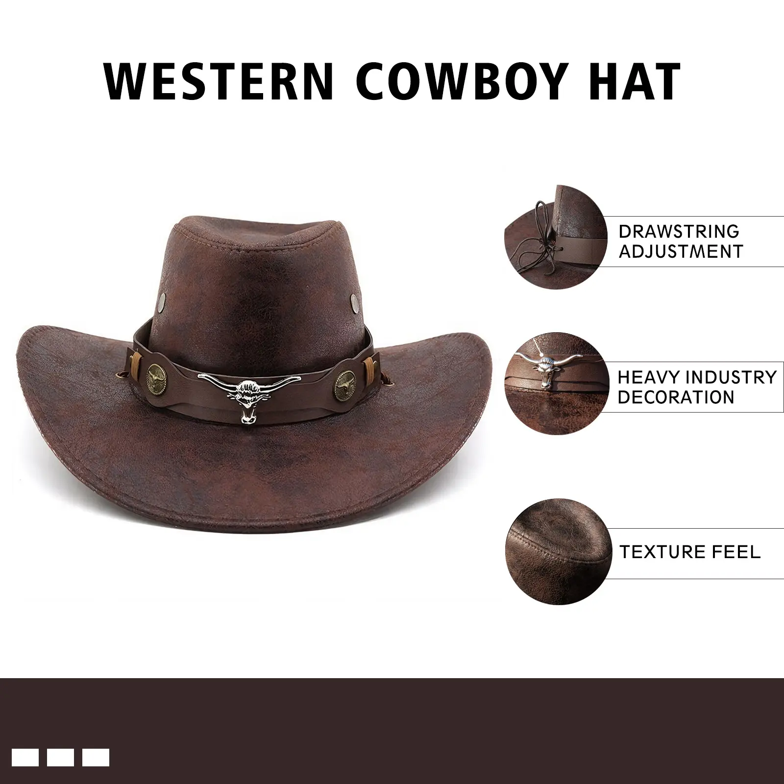 Unisex Vintage Wide-Brim PU Faux Leather Cowboy Hat - Metal Bull Head Ornament, Adjustable Wind Rope - Casual Outdoor Sunhat for Travel, Costume Use, Hats