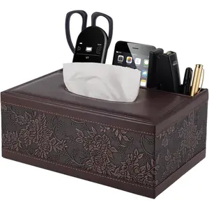 Tissue Box Cover Rectangle Retro Tissue Box Holder PU Leather Facial Tissues Organizer,Multifunctional Remote Control Stationery Storage Box,Home Office Supplies Car Napkin Caddy