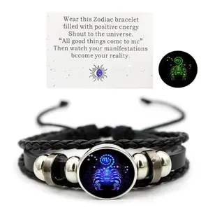 Zodiac Signs Spirit Bracelet - Adjustable 12 Constellation Black Leather Wrap Bracelet for Women Men with Positive Energy Glow-in-the-Dark Design