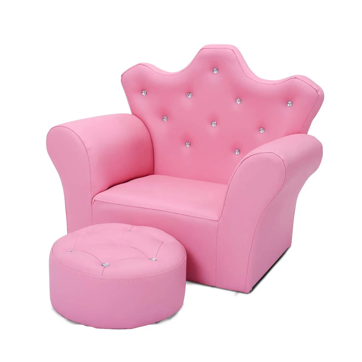 Costzon Child-Friendly Kids Sofa, Princess Upholstered Couch with Armrests & Ottoman, PVC Leather & Embedded Crystals, Christmas Birthday Gift for Children, Child-Friendly Sofas