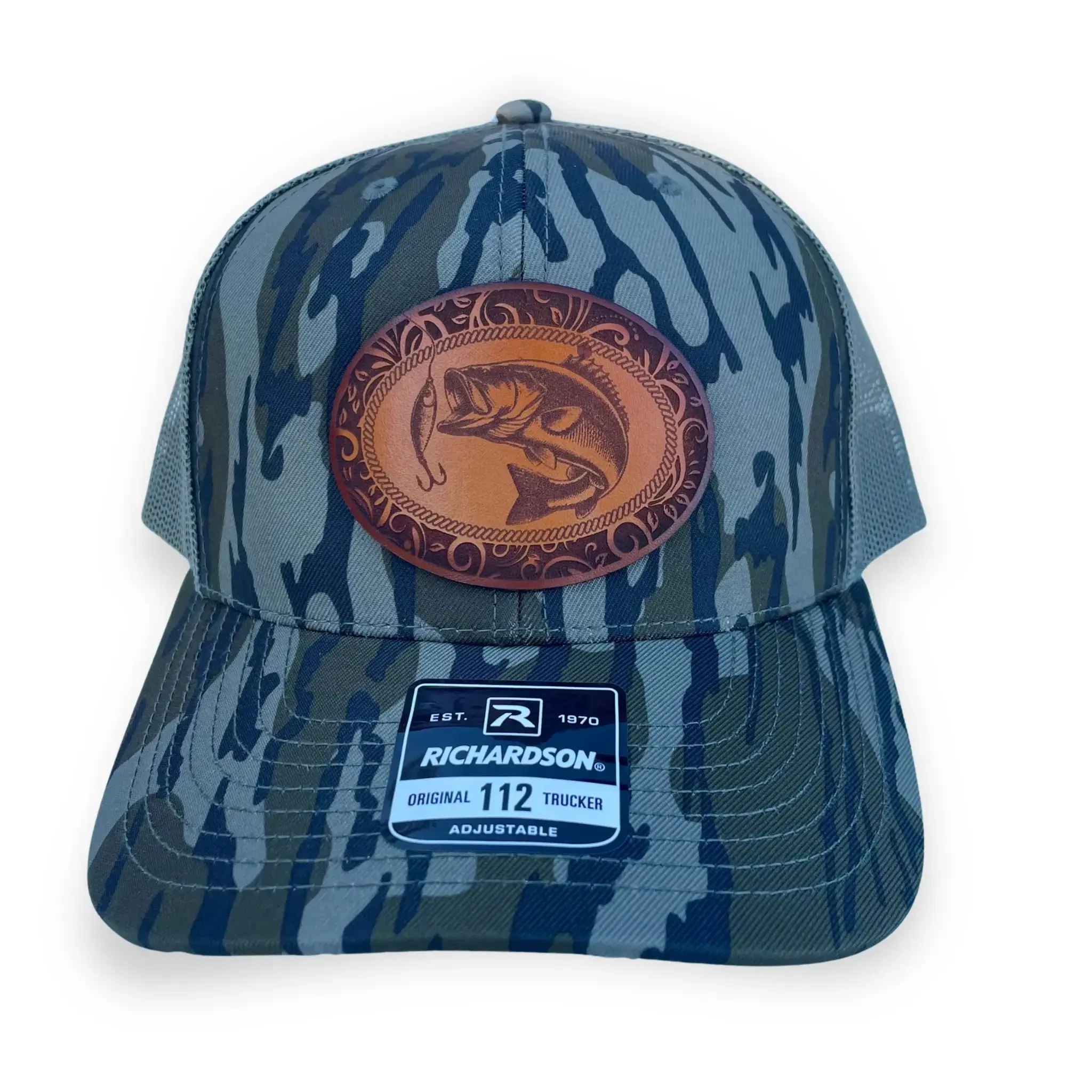 Mossy Oak Bottomland Camo Hat with Leather Fish Patch
