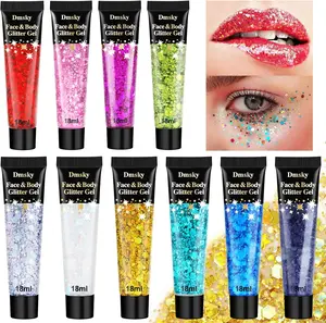10 Shade Body Glitter, Face & Hair Glitter Gel Set for Festival, Eye Shimmer for Women Glow in the Dark Rave Accessories Party Supplies, Face Paint Hair/Cheek/Eyelid Sparkle Makeup-18ml/Tube