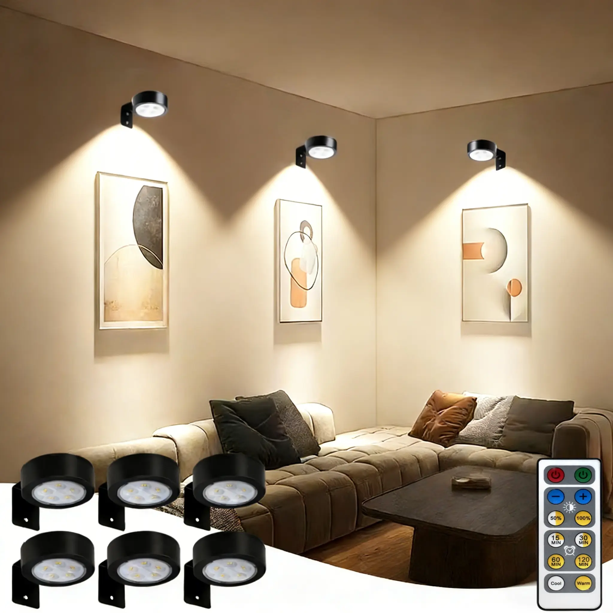 6/3pcs Modern Magnetic LED Picture Lights for Wall - Battery- Dimmable Art Display Lighting with Timer & Remote, Wireless Puck Lights Suitable for Picture Frames, office wardrobe display cabinet corridor staircase art decoration Decorative Lights