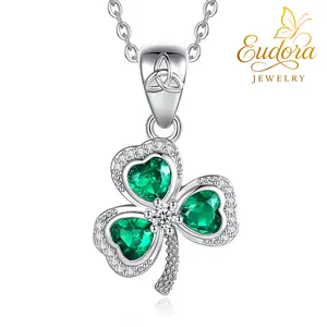 Eudora Celtic Shamrock Necklace Rhodium Plated Green Heart Crystal Pendant Lucky Irish Jewelry Gift For Women Girls