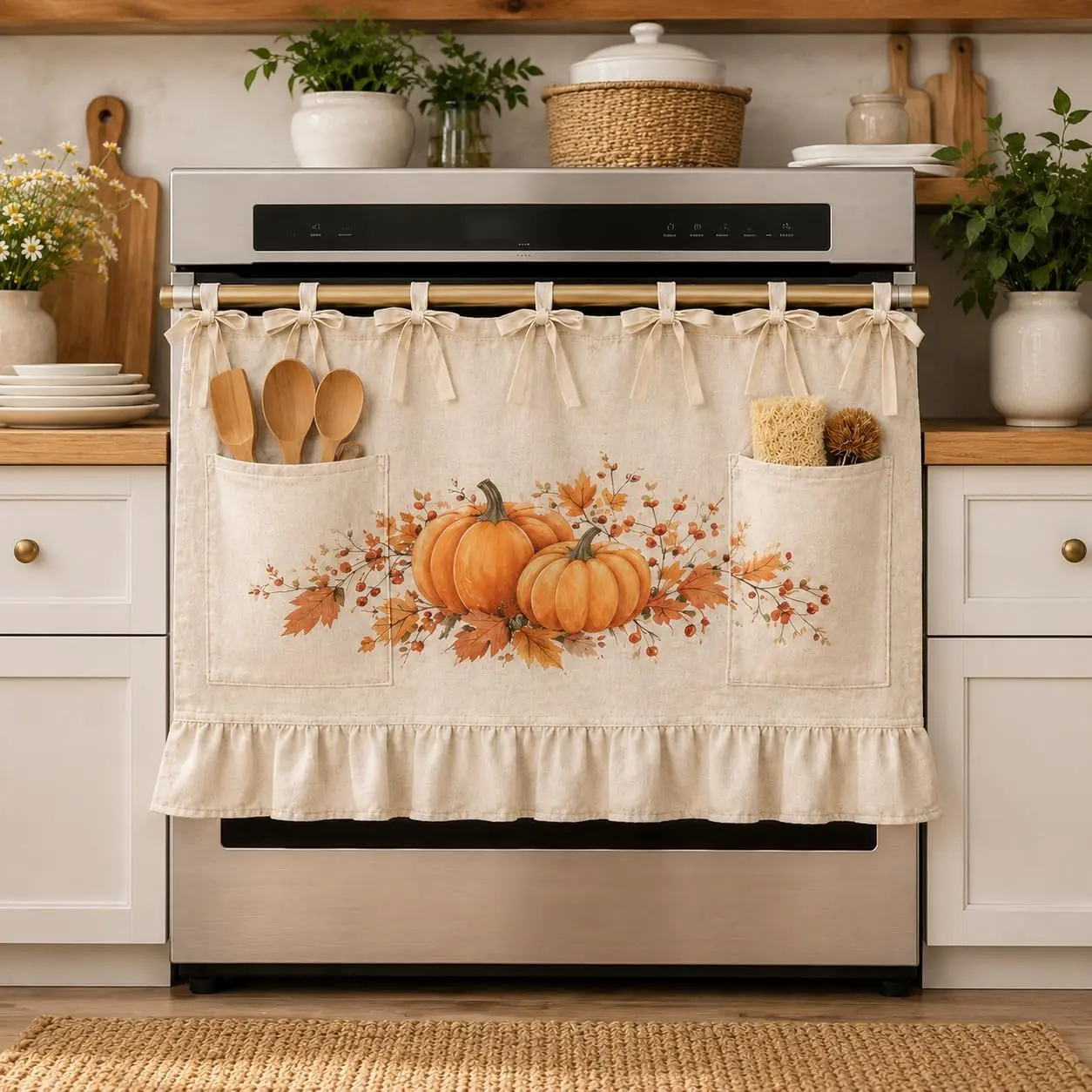 Oven Skirt Curtain with Pockets Cottage Kitchen Storage Organizer for Oven Door Handle Decorative Kitchen Storage Curtain for Stove Oven Dishwasher Cabinet