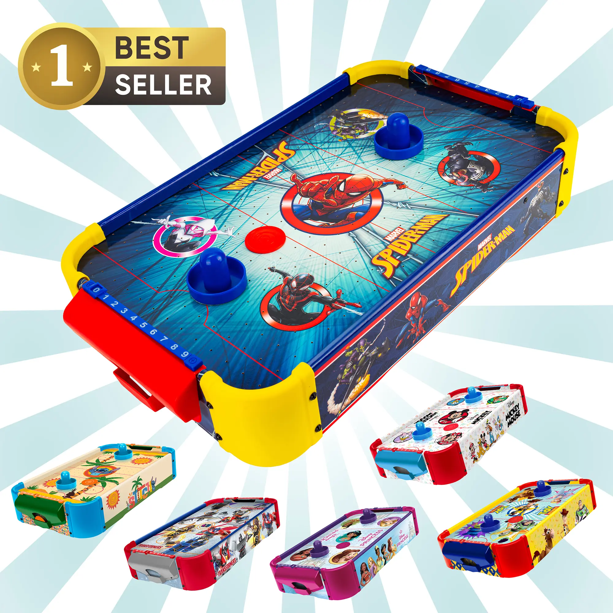 Disney Wooden Electronic Air Hockey Table: Mickey Mouse, Minnie Mouse, Stitch, Toy Story, Disney Princess – Age 4+, Officially Licensed Family Board Game