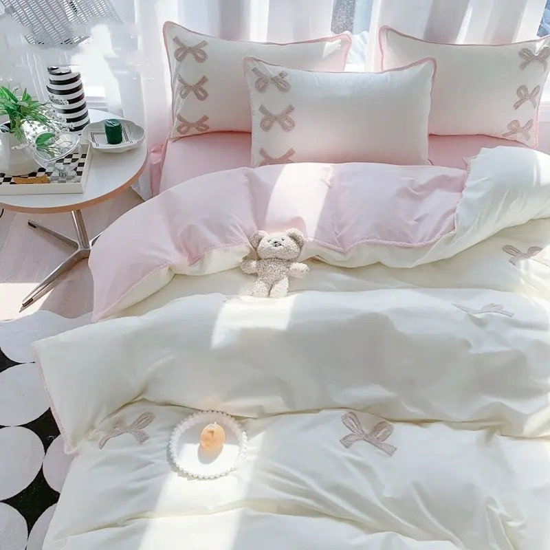 3pcs Girl Bow Embroidered Bedding Set, Includes 1 Duvet Cover + 2 Pillowcases（without comforter and pillow insert）, Single Twin Double Queen Size bed, Soft Bedding Sets, Soft Warm Bedding, Cute Bedding, Bed Linens