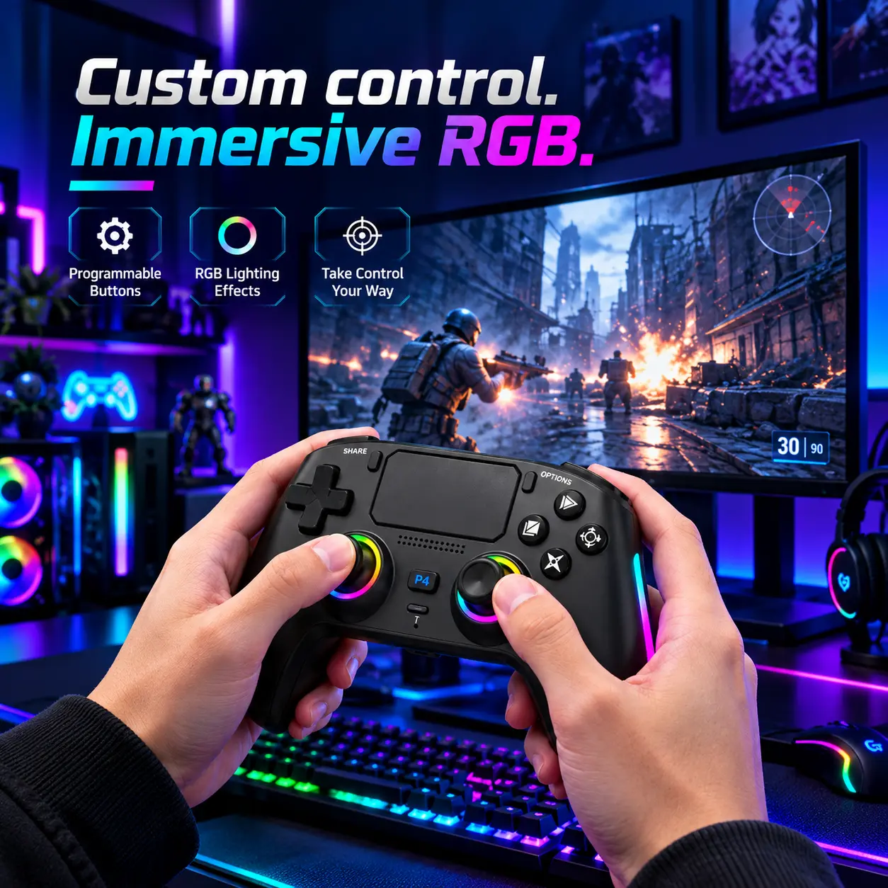 Wireless Bluetooth Controller for PS4, Hall Effect Joysticks, RGB Lighting, Macro Programming, Turbo Rapid Fire, 6-Axis Motion Sensor, Detachable Grips, Gaming Gamepad