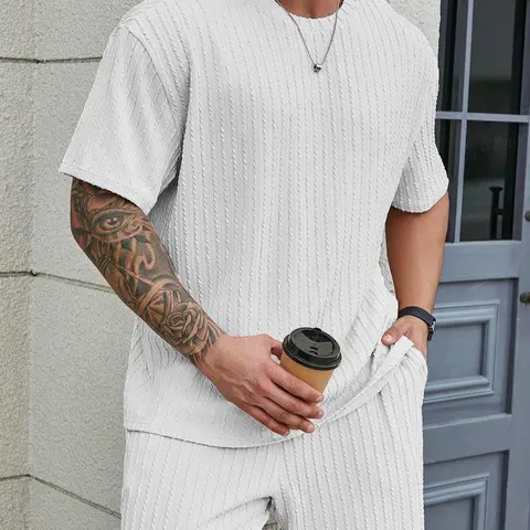 KZZ Men's Classic Plain 2-Piece Relaxed Fit Shorts Set - Age-Inclusive Design, Solid Textured Drop Shoulder Tee & Above-Knee Drawstring Shorts, Outdoor Casual Menswear Coordinated 2-Piece Sets (XXL Available)