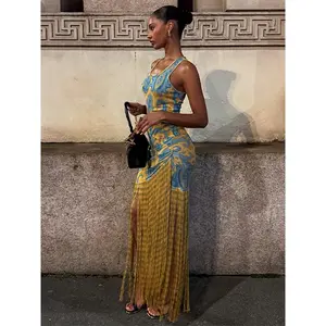 Fashion Tassels Print Long Dress For Women O-neck Sleeveless Patchwork Irregular Slip Vestidos 2025 Summer Female Beach Dresses