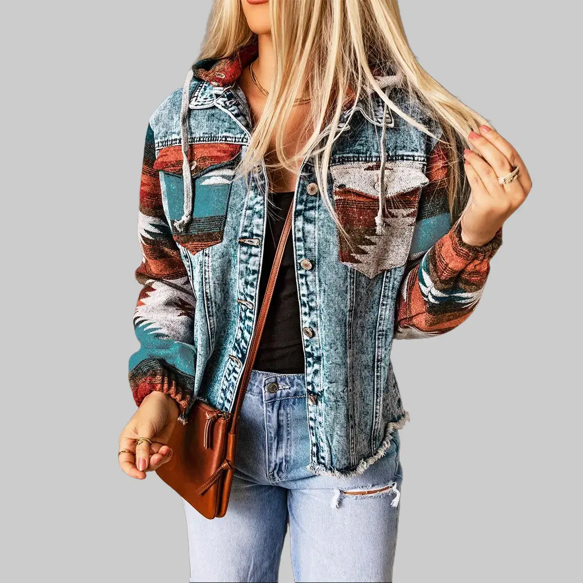 XS-2XL Women’s Western Aztec Print Flap Pocket Frayed Hem Hooded Denim Jacket,Women Western Aztec Printed Hooded Denim Jacket, Distressed Frayed Hem Flap Pocket Button‑Down Trucker Jacket, 75% Cotton 25% Polyester Vintage Boho Casual Outerwear