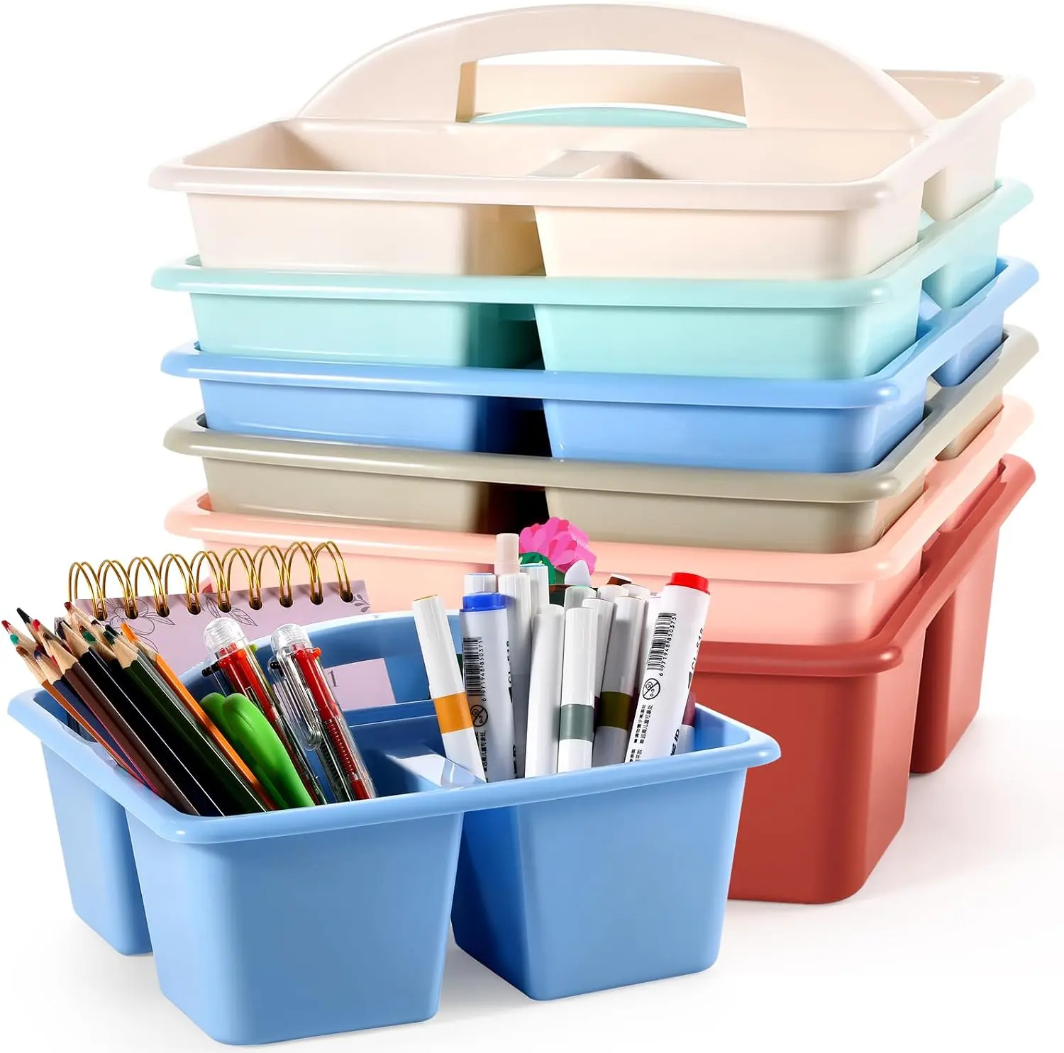 6 Pack Classroom Caddy with Handle Plastic Storage Caddy Organizer with 3 Compartments Desk Caddies Holder Portable Storage Bin for Pencil, Crayon, Marker, Home, Office, School Supply